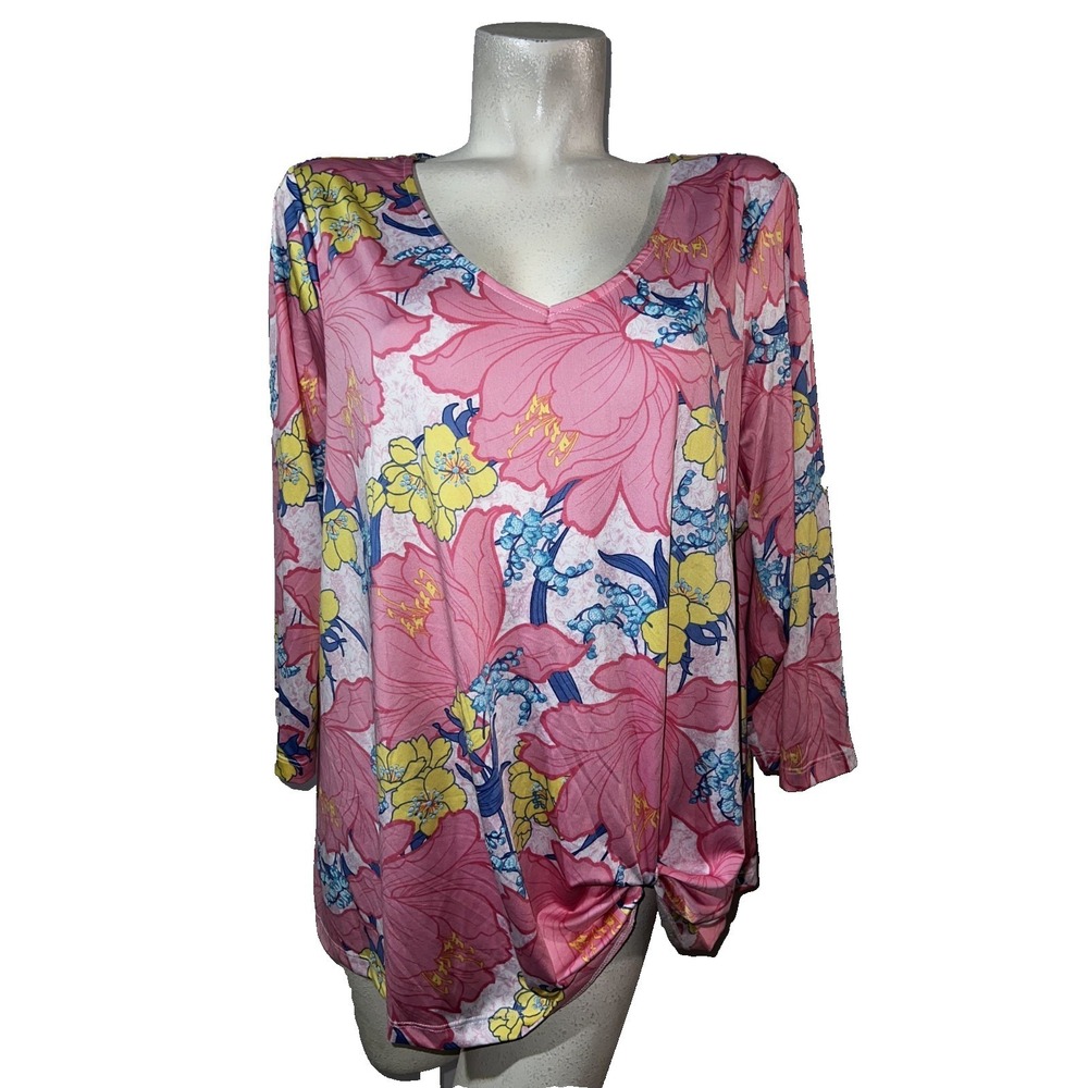 Ruby Rd Woman Pink Floral V-Neck Front Knot Top 2X Short Sleeve Stretch Jersey